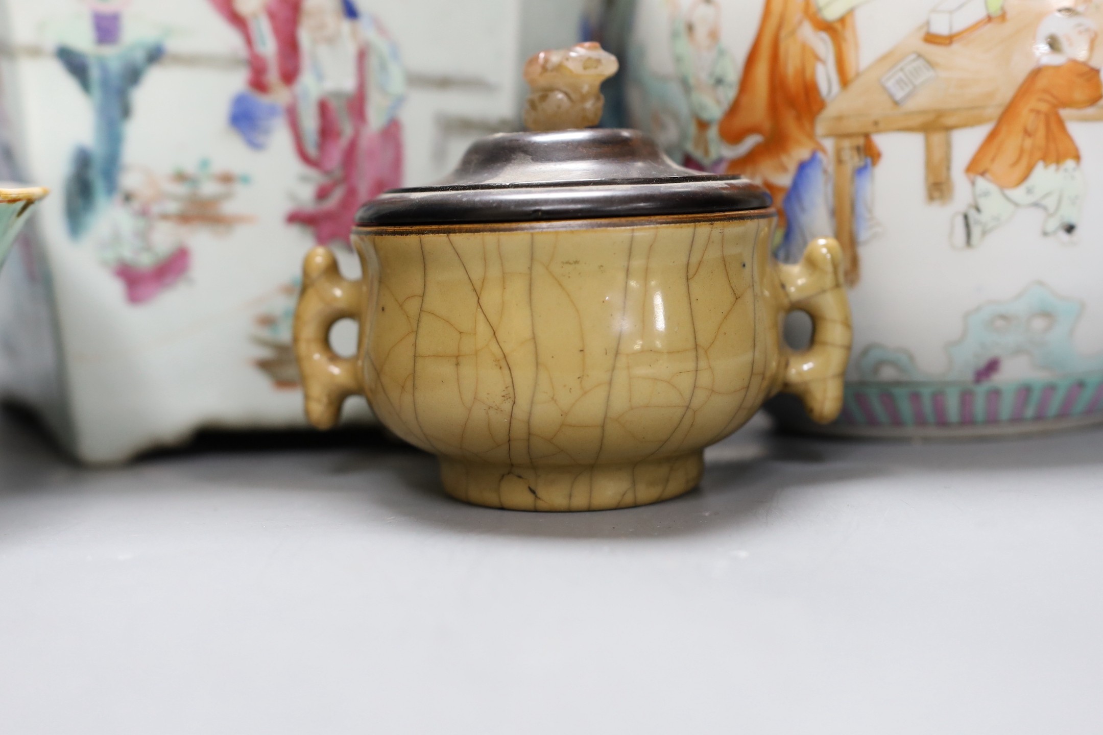 A 19th century Chinese famille rose planter, a jar and cover, two bowls and a crackle ware censer and wood cover, plater 16 cms high